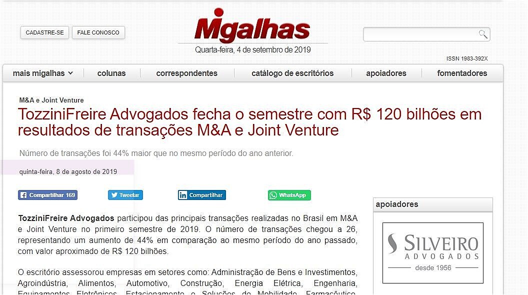 TozziniFreire Advogados fecha o semestre com R$ 120 bilhes em resultados de transaes M&A e Joint Venture